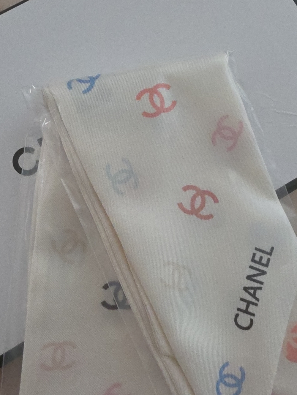CHANEL Cream Silk Scarf with Pastel Pink, Blue and Peach CC Logos